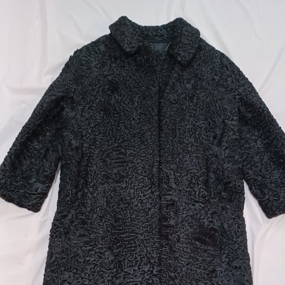 Persian Lamb Shiny Black Genuine Fur Coat with collar Full Length Size 10.